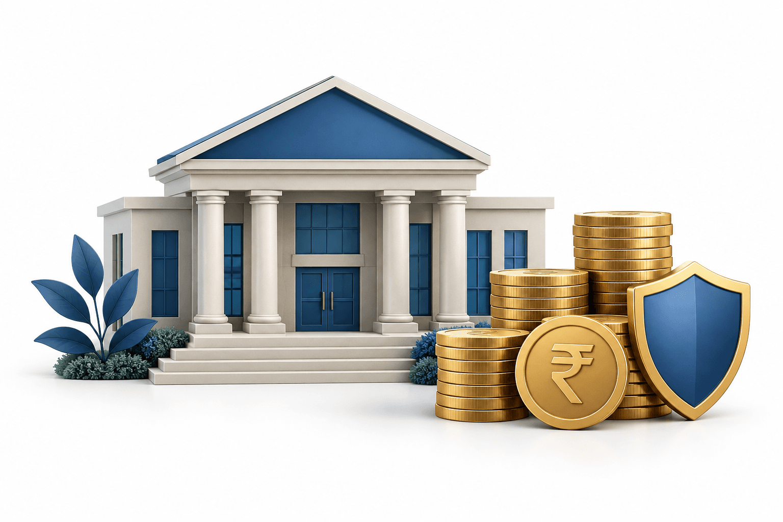 Concept illustration of Indian Bank earnings with a bank building, coin stacks and a credit-risk shield.