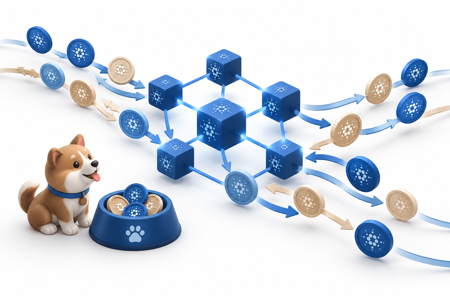 Concept illustration of Cardano transactions flowing through blockchain nodes beside a dog bowl representing HOSKY’s distribution campaign.