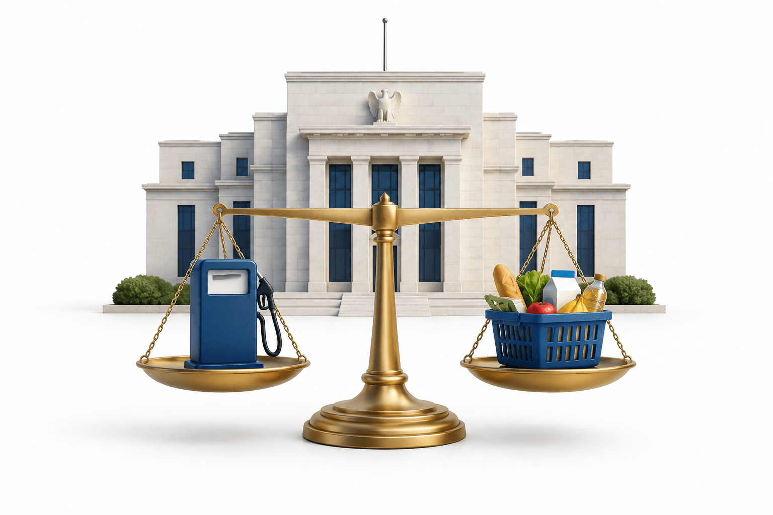 Concept illustration of Fed policy balancing inflation pressures from fuel and household spending.