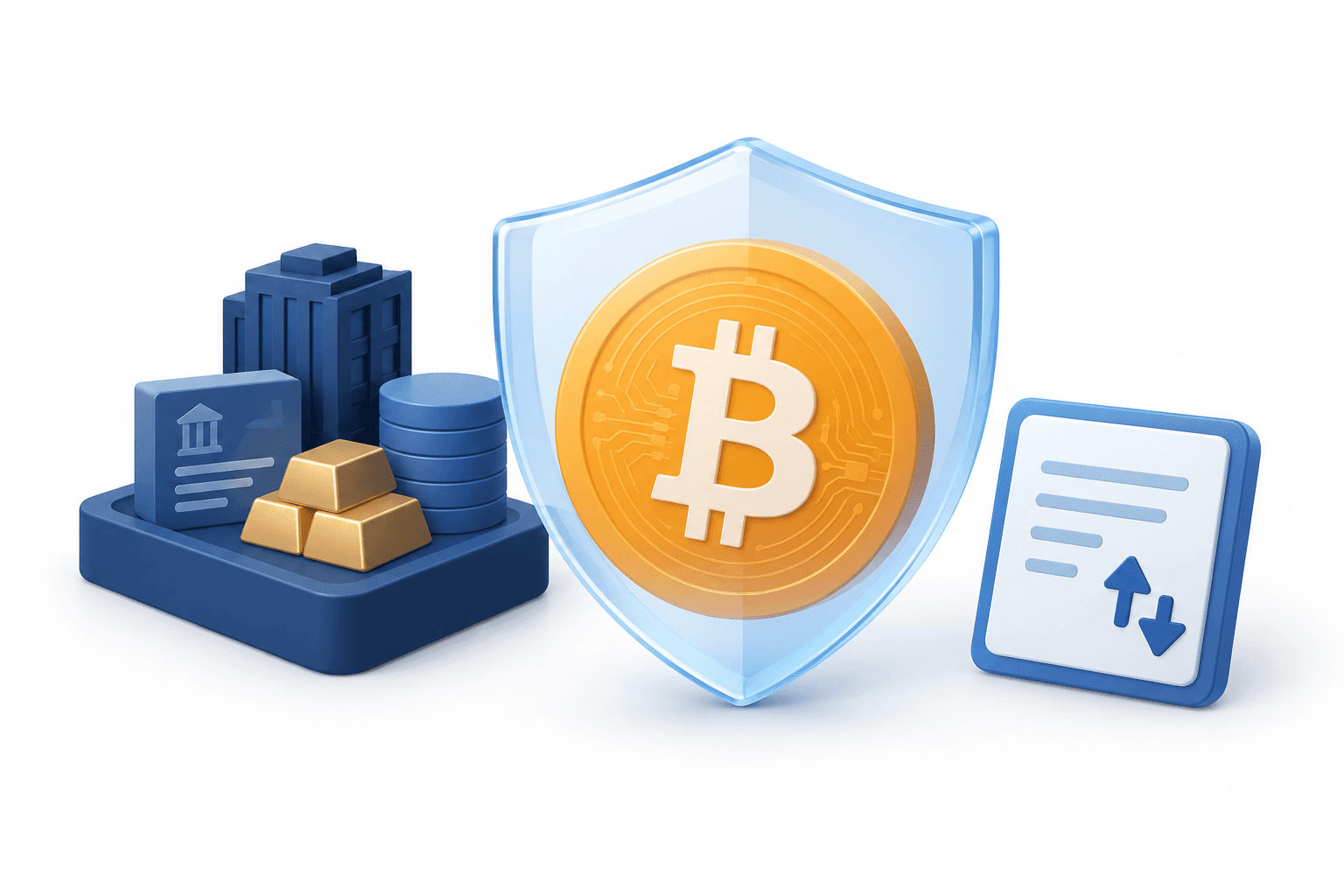 Concept illustration of the BlackRock Bitcoin ETF proposal using a digital coin, protective shield and investment portfolio.