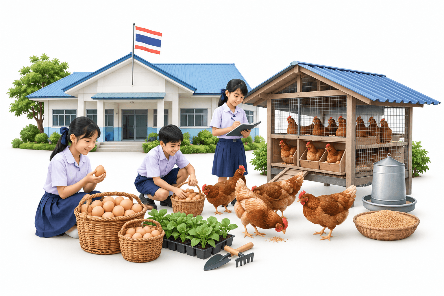 Concept illustration of CPF school nutrition with a school, poultry house, hens and baskets of eggs.