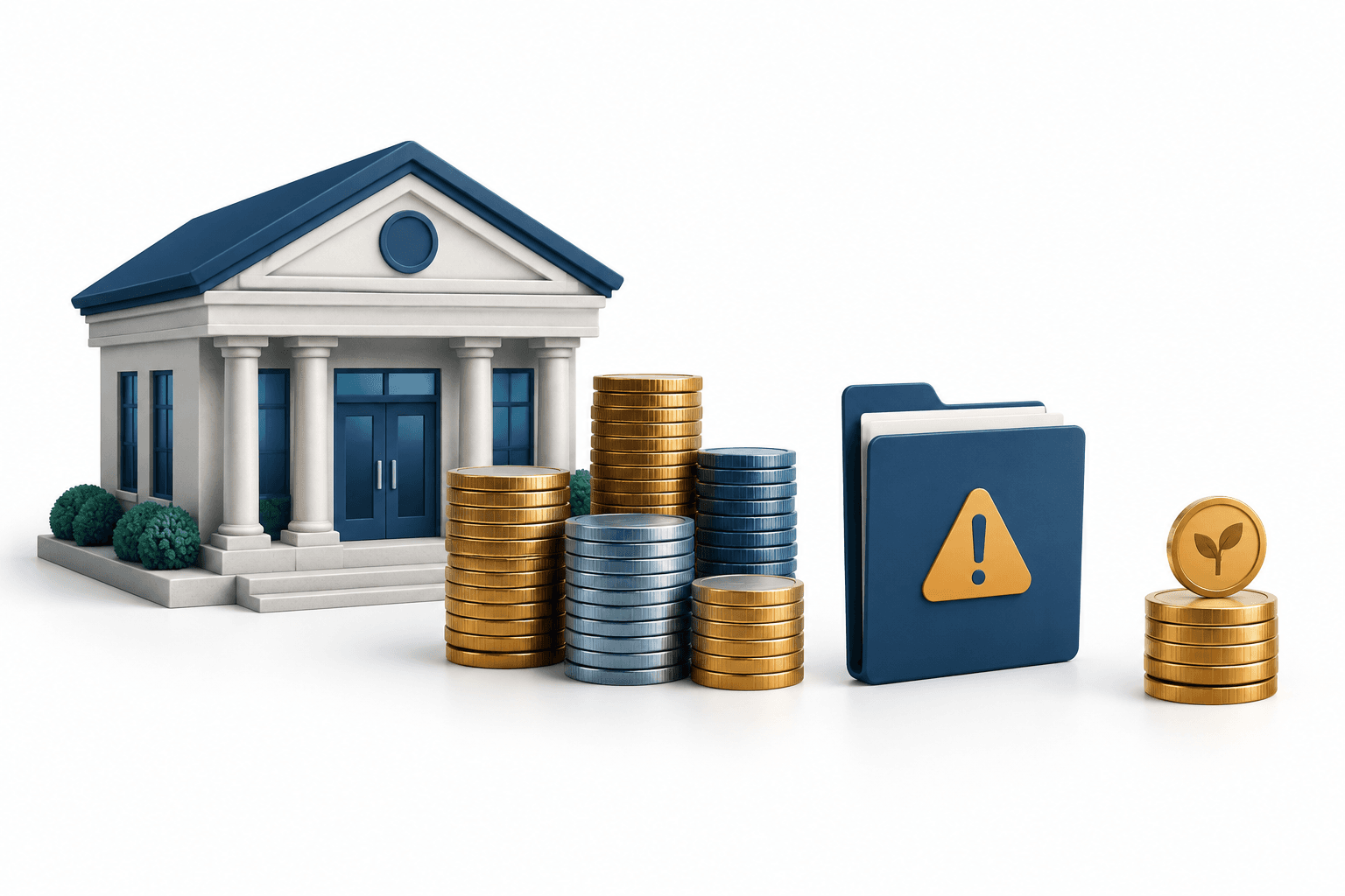 Concept illustration of a regional bank, loan risk and dividend coins representing Northrim earnings.