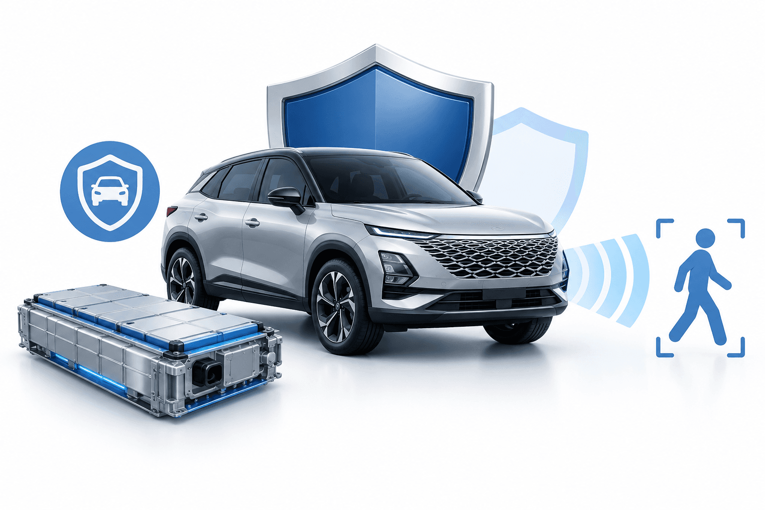 Concept illustration of an SUV and protective technology representing OMODA safety ratings.