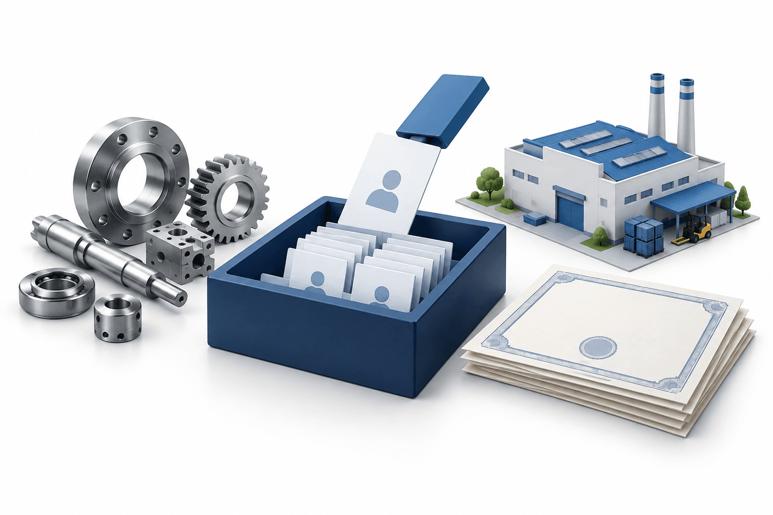 Illustration of manufacturing components and share-certificate shapes representing the Zetwerk IPO.