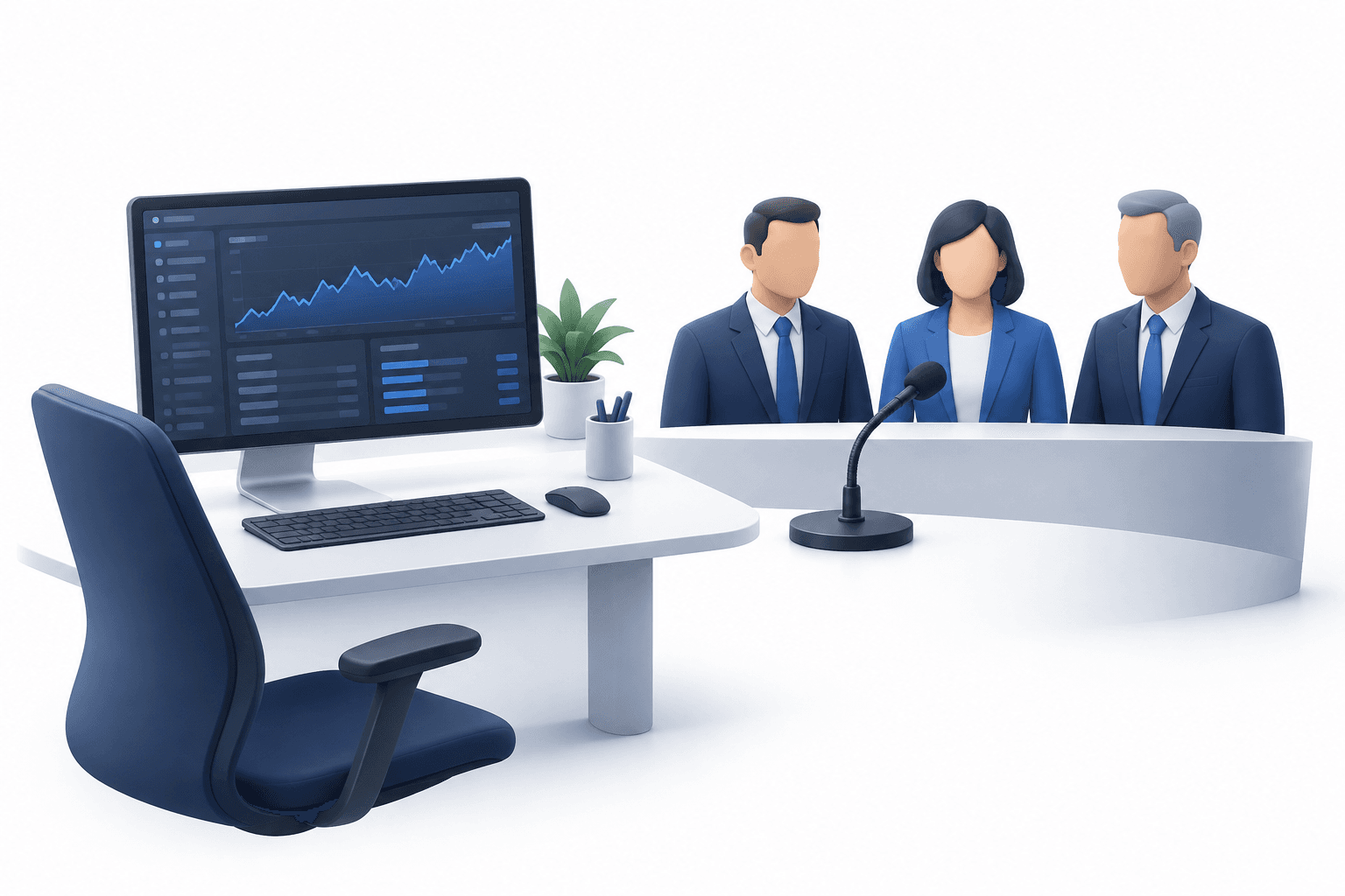 Concept illustration of a brokerage workstation and conference microphone for the Interactive Brokers earnings call.