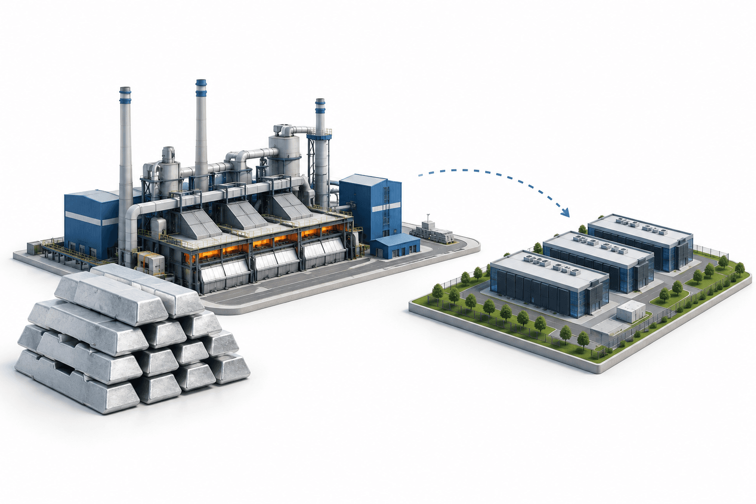 Alcoa results concept illustration showing aluminum ingots, a smelter and data center buildings.