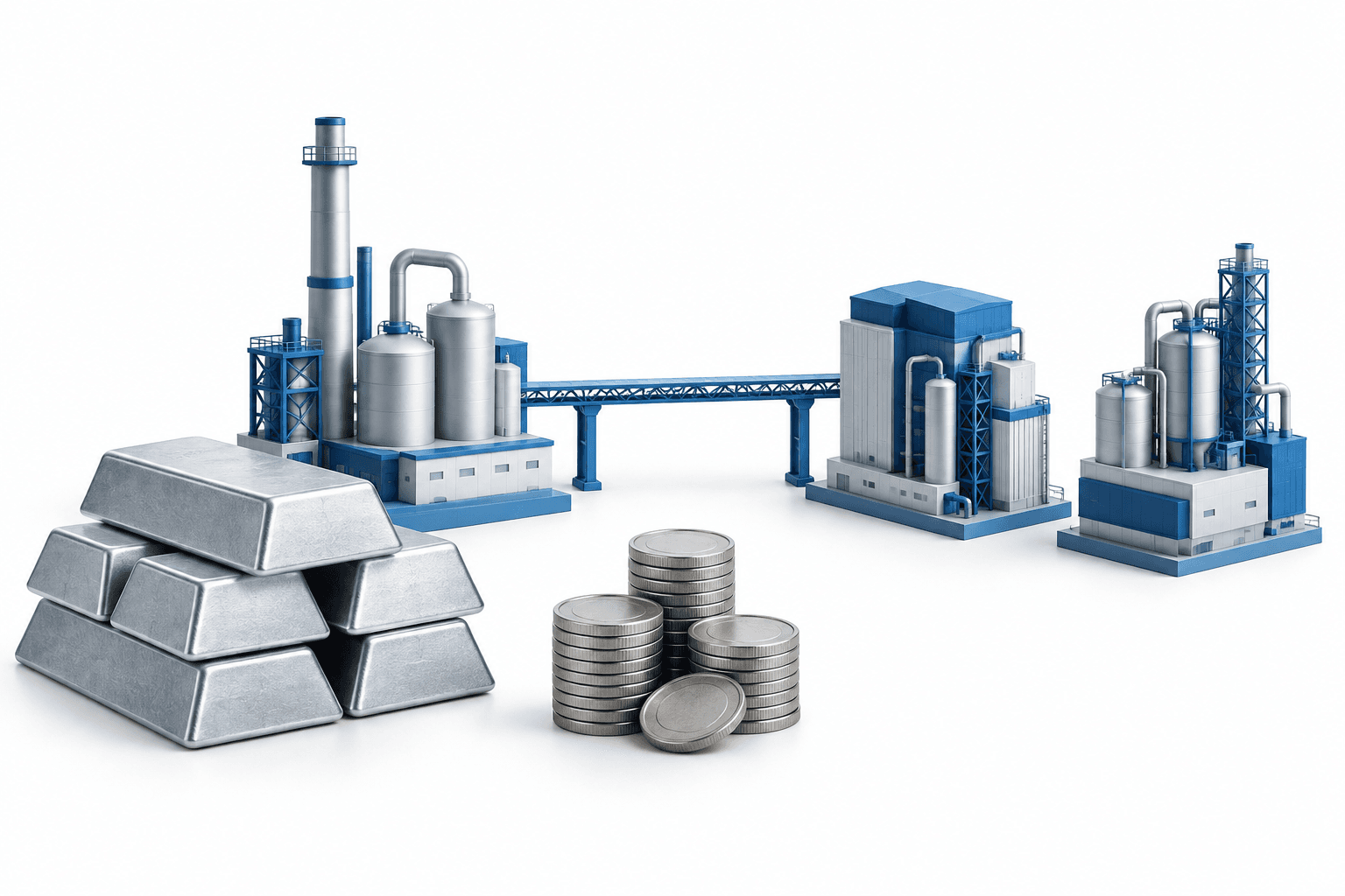 Alcoa earnings illustration showing aluminum ingots, industrial assets and acquisition financing on a white background.