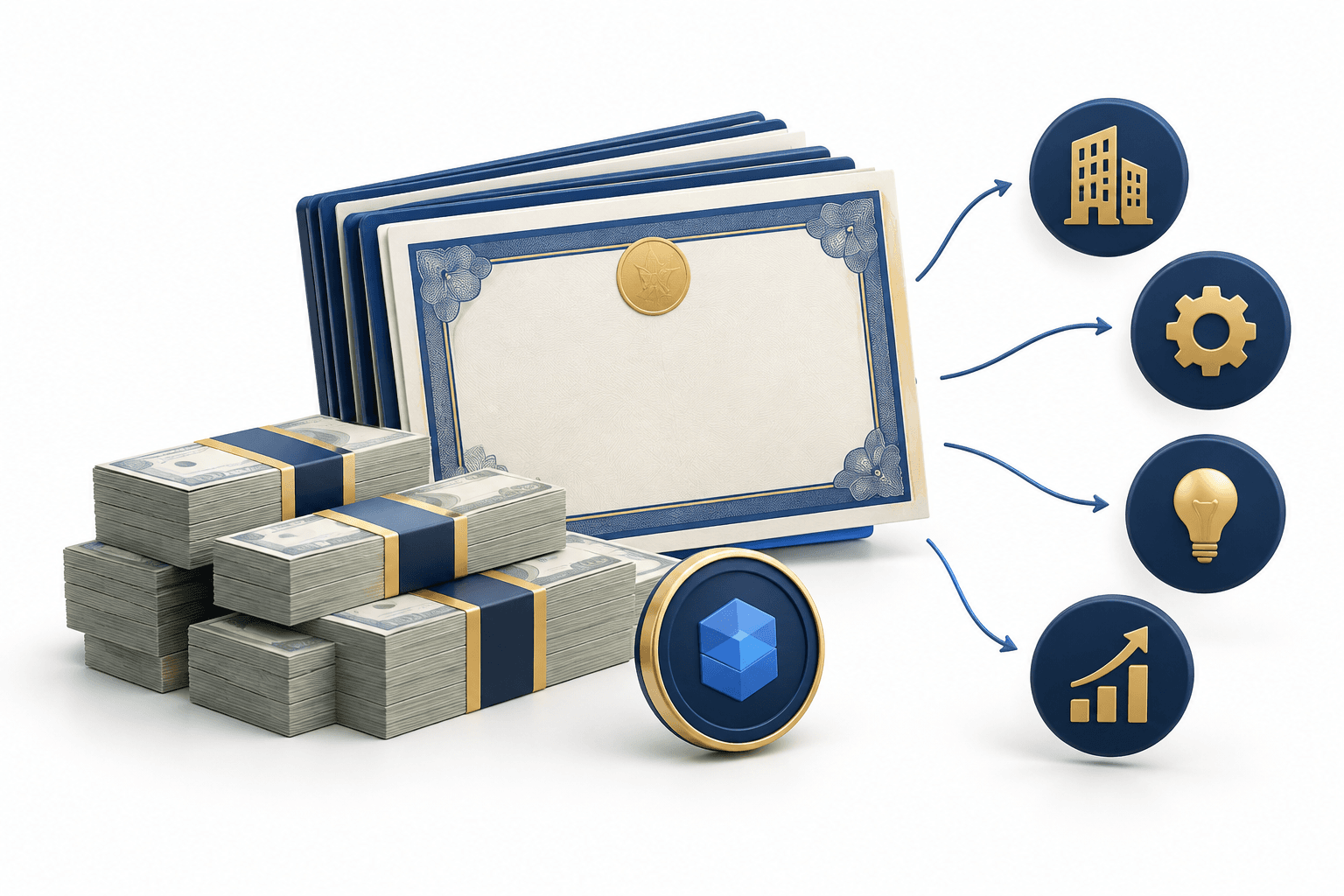 Concept illustration of the Strive preferred offering with share certificates, cash blocks and a digital coin.