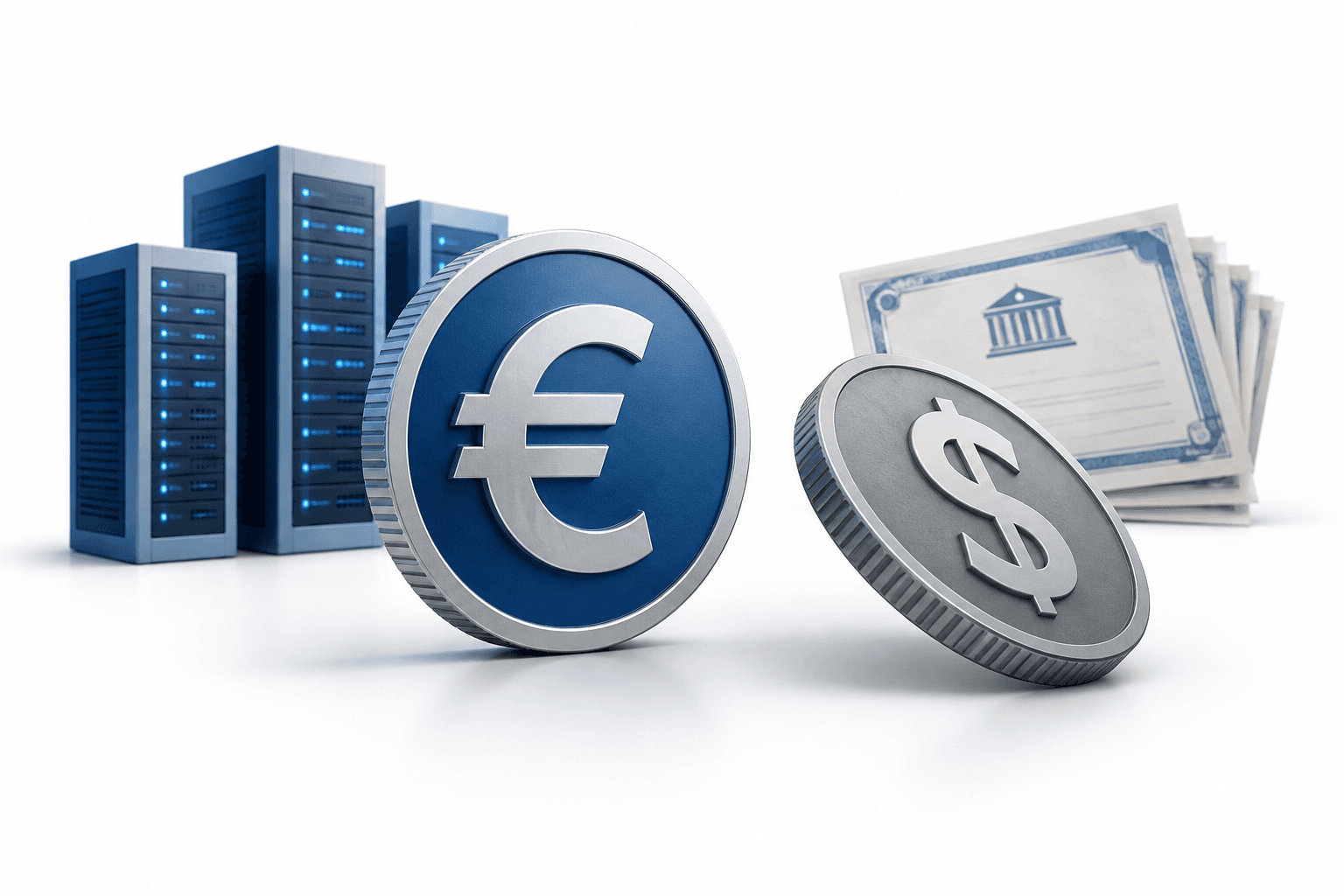 Euro rebound illustrated by a euro coin regaining balance beside a tilted dollar coin and abstract data-center towers.