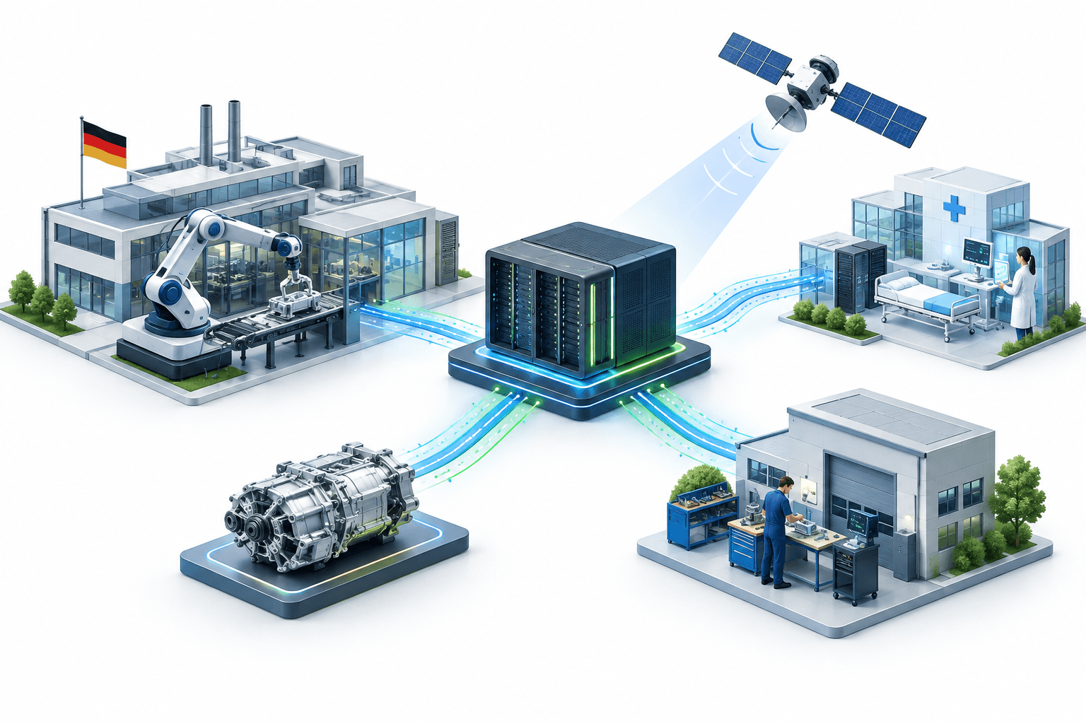 Concept illustration of industrial AI connecting German manufacturing, robotics and computing with healthcare and satellite technology.