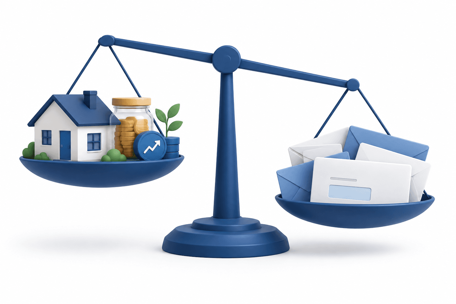 Concept illustration of family finances balancing household assets against debt payment obligations.