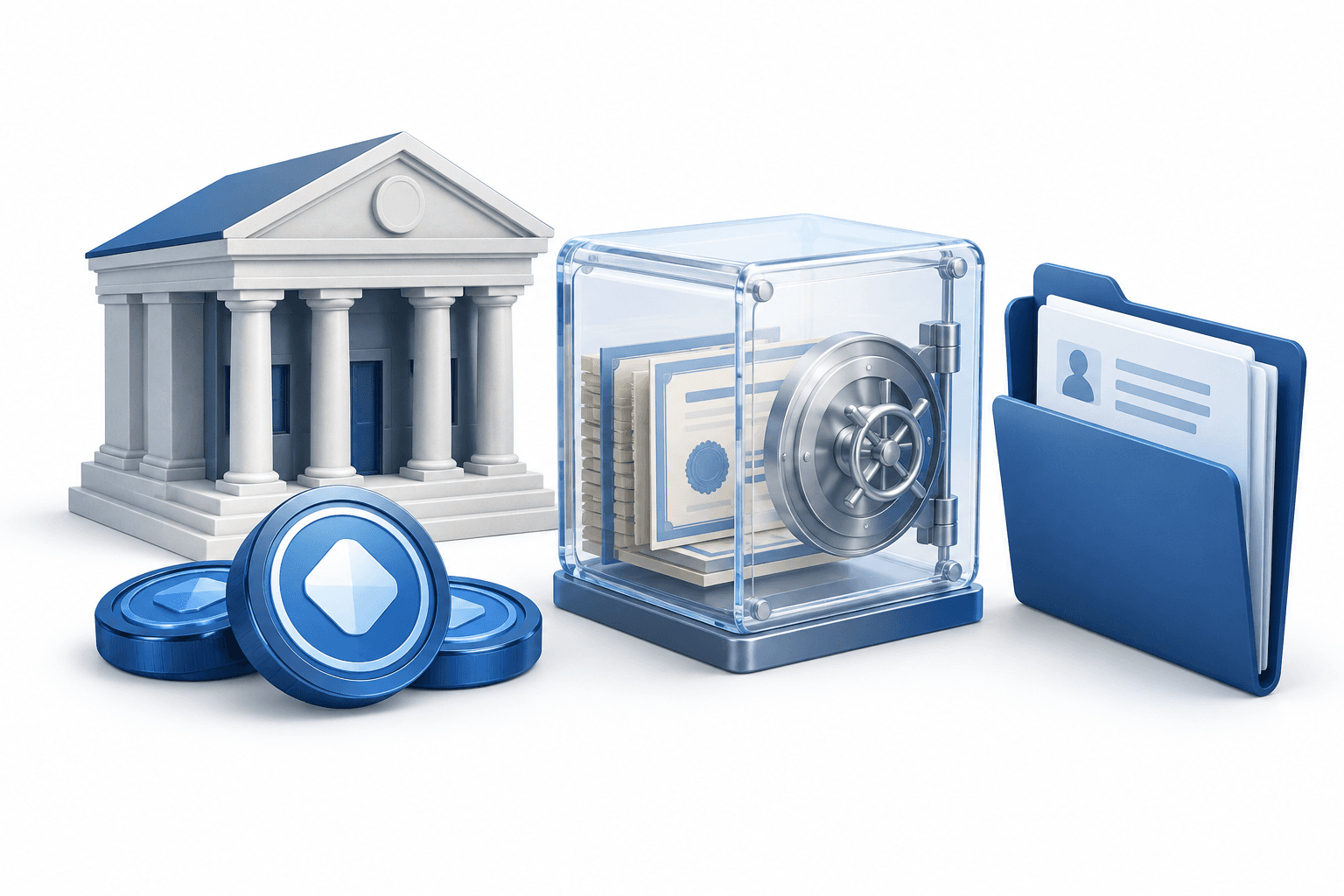 Concept illustration of Fed stablecoin proposals showing a bank, reserve vault and application folder.