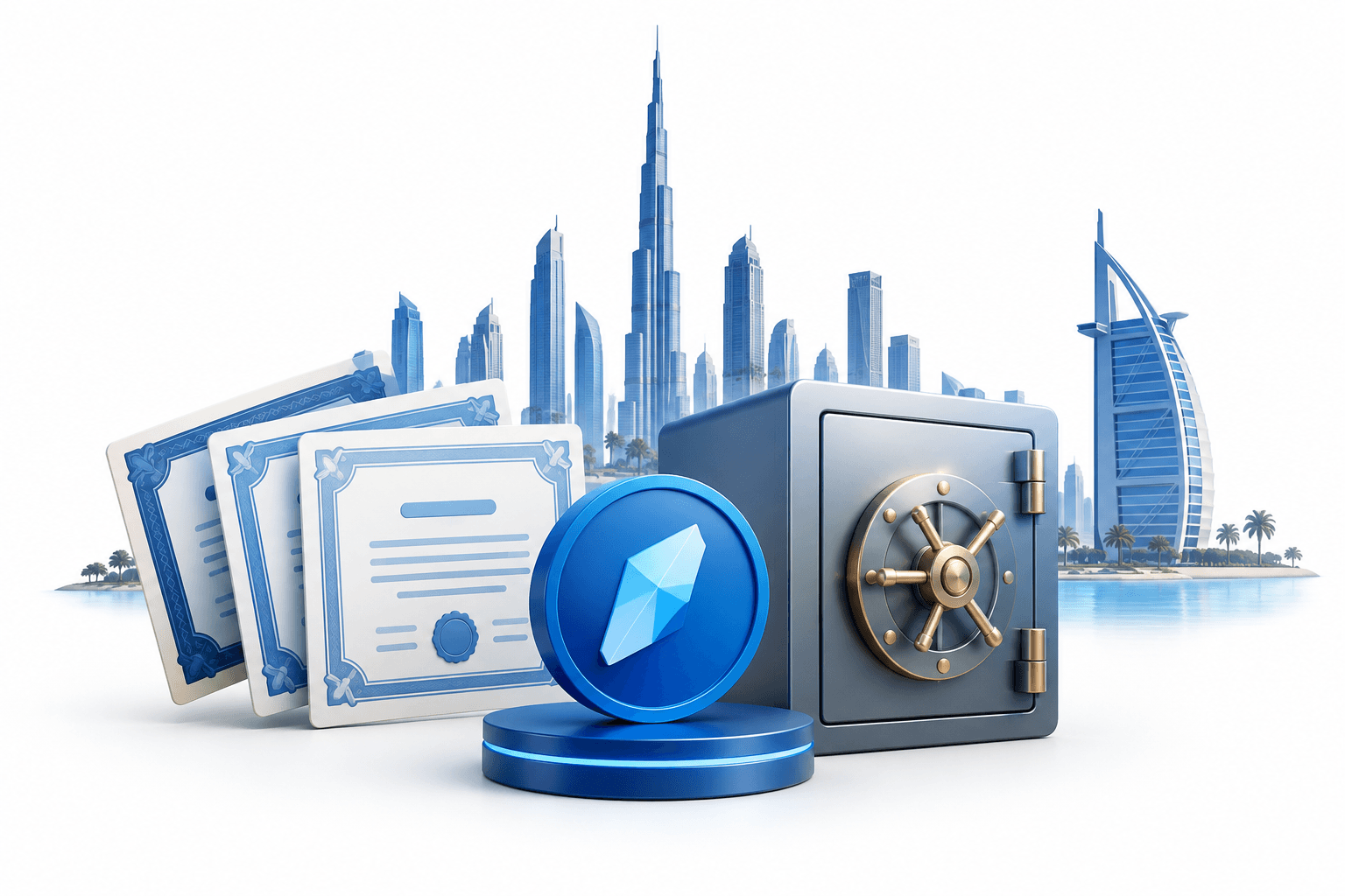 Concept illustration of Robinhood Dubai expansion featuring investment assets, a custody vault and a stylized Dubai skyline.