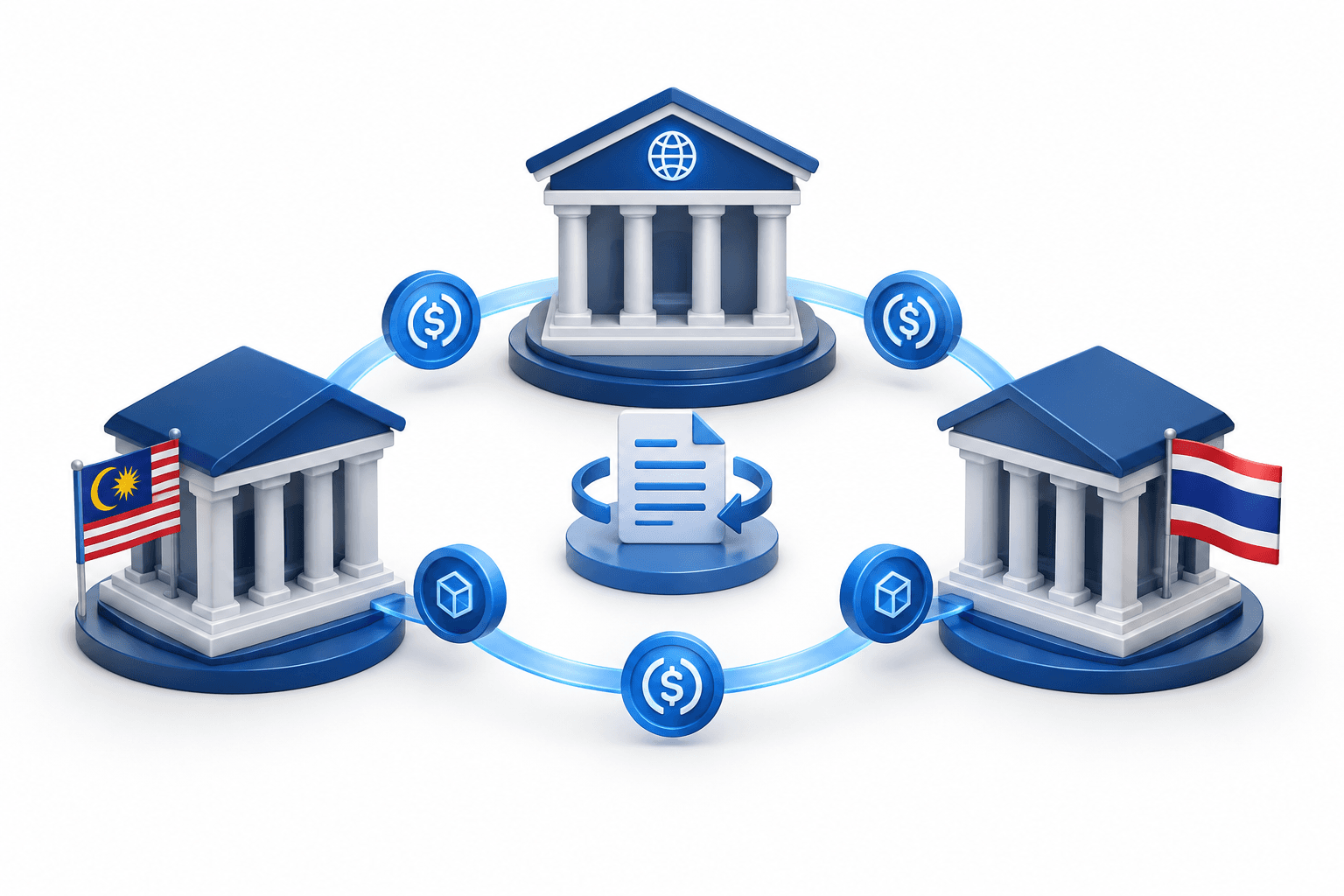 Concept illustration of the BLOOM initiative connecting financial institutions through digital payment tokens.