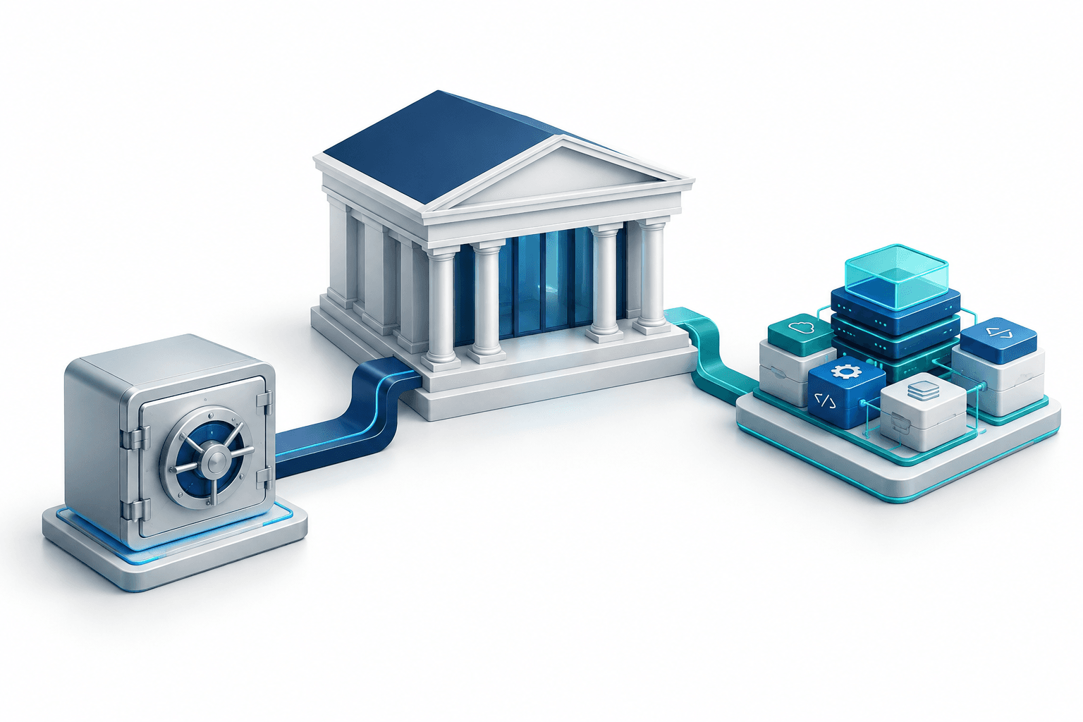 Concept illustration of the Zodia Custody acquisition, showing a bank-linked digital vault beside a separate software infrastructure unit.