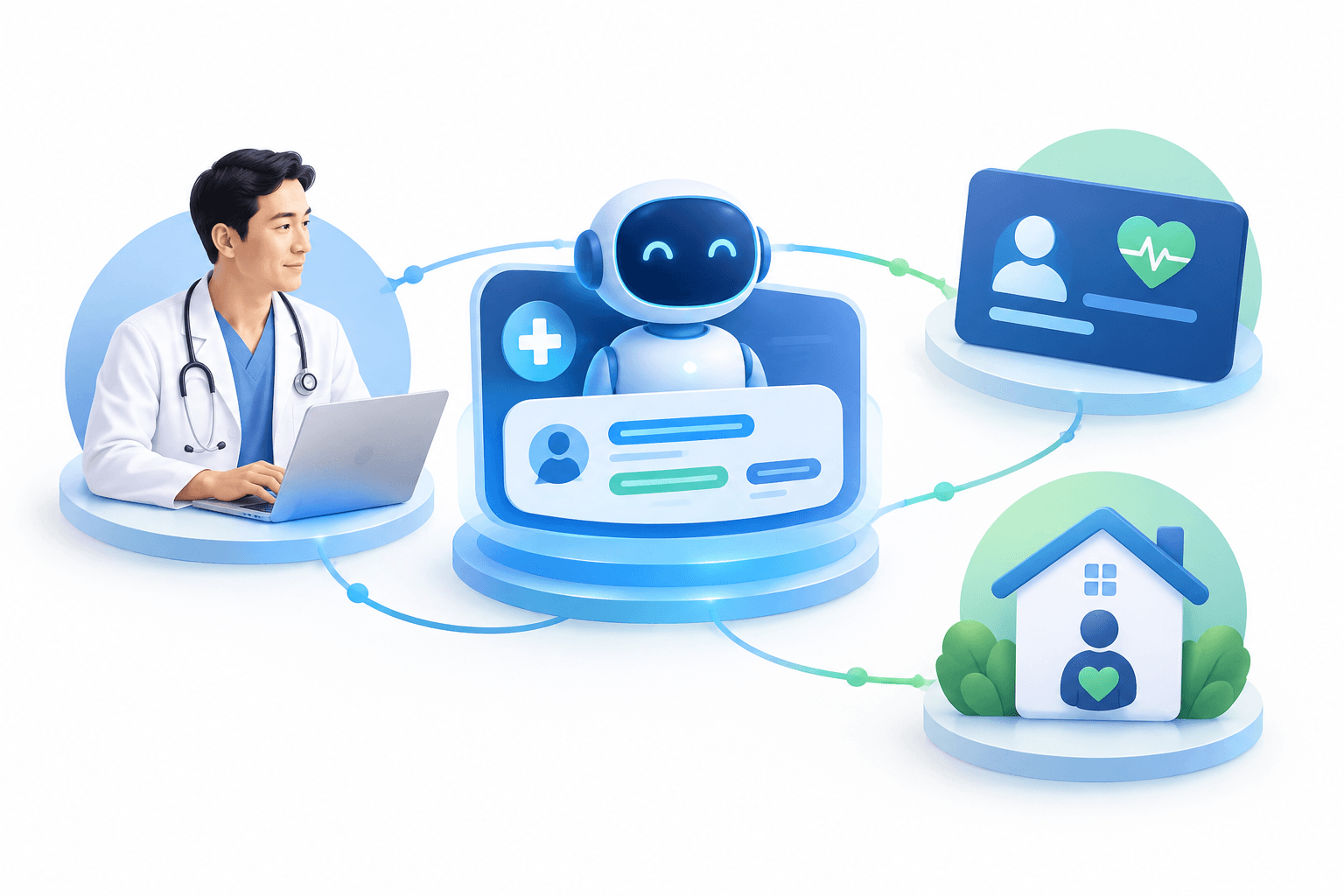 Ping An earnings illustration showing a healthcare professional, AI assistance and connected corporate health services.
