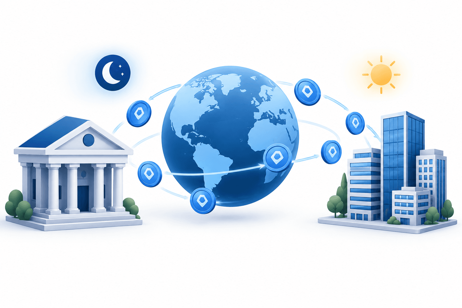 Concept illustration of stablecoin transfers connecting banks and businesses across time zones.