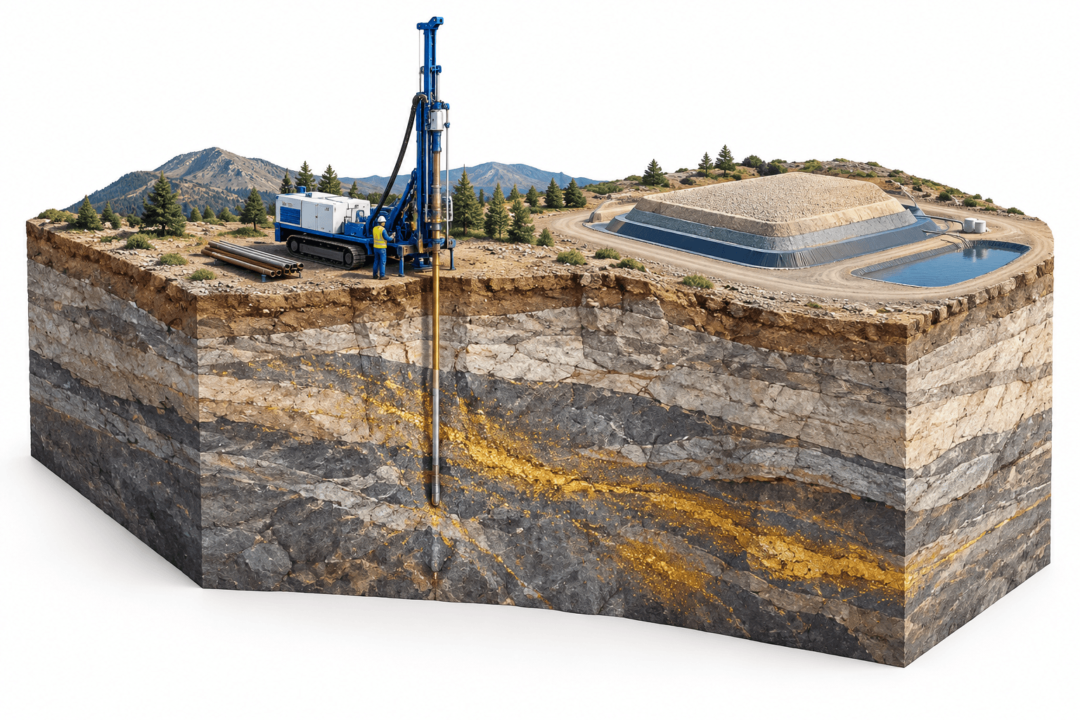 Concept illustration of Black Pine drilling, showing a drill rig above layered gold-bearing rock beside a simplified heap leach pad.