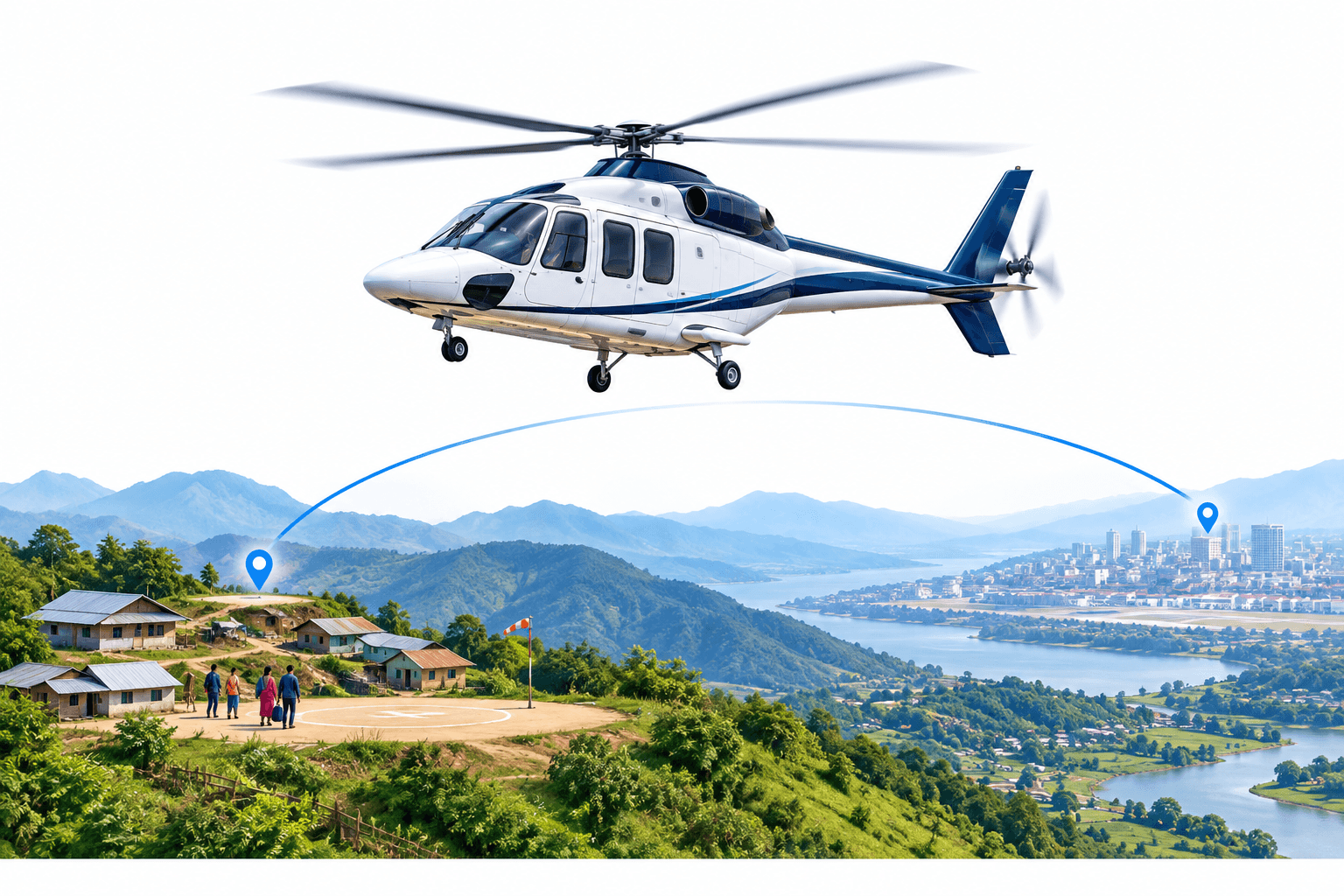 Concept illustration of Pawan Hans helicopter connectivity between remote hills and an urban hub in Manipur.