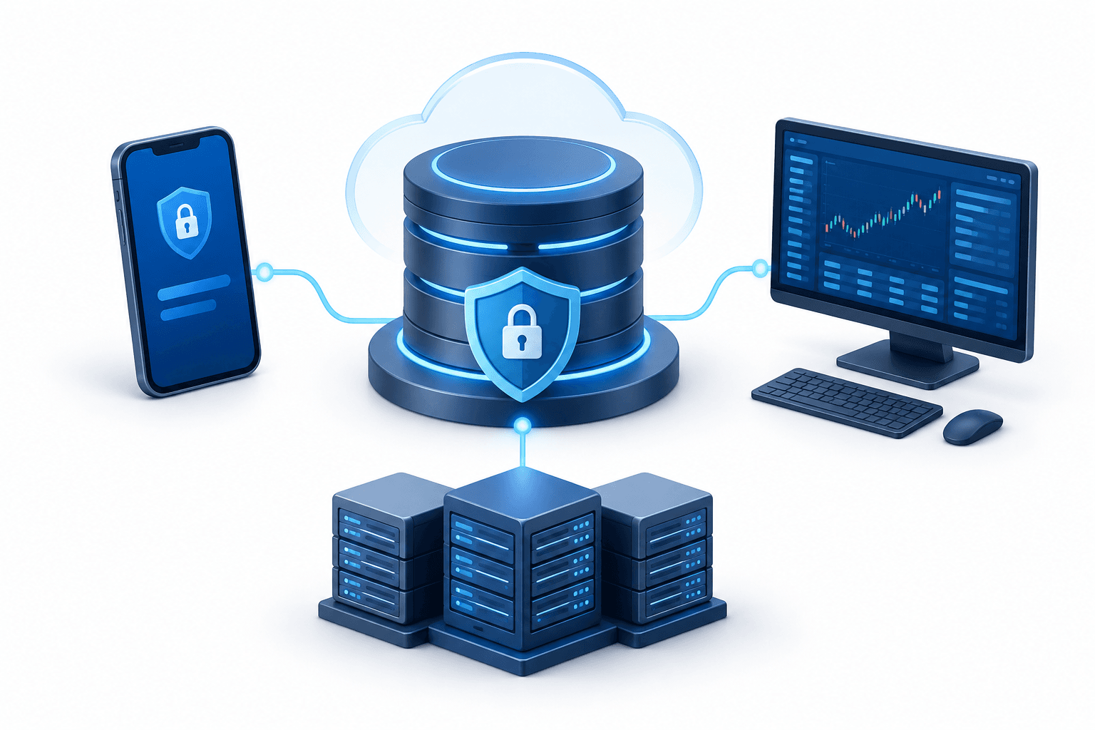 Concept illustration of secure brokerage systems and connected digital platforms for the SBI Securities CTO story.