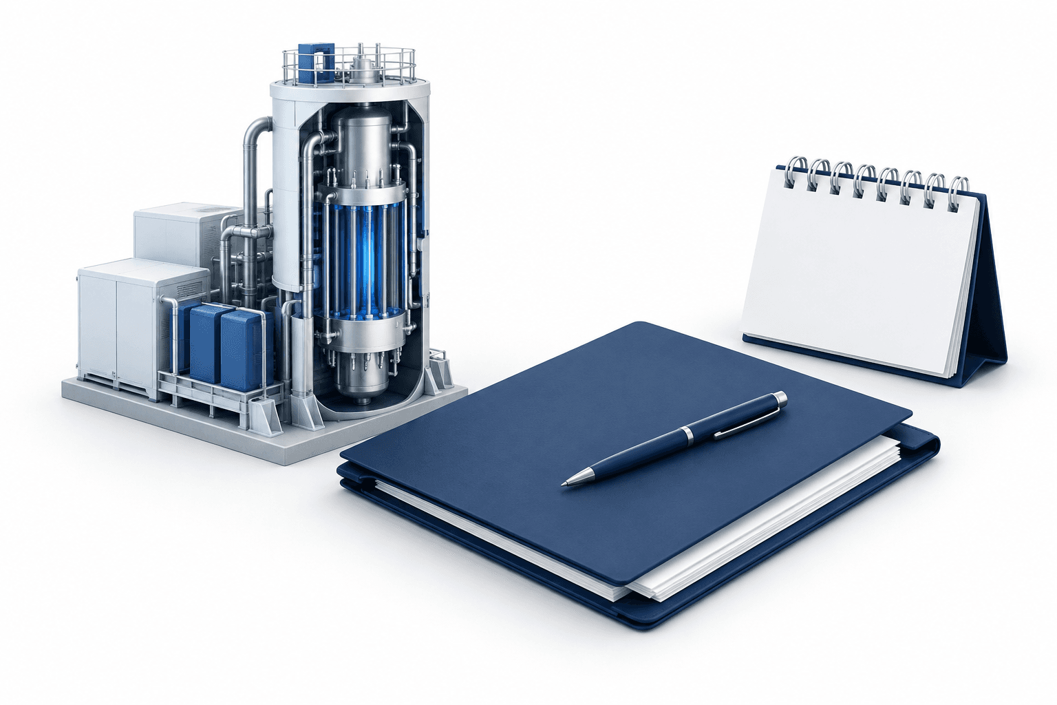 NuScale stock concept illustration showing a modular nuclear reactor beside an unsigned contract and blank calendar.