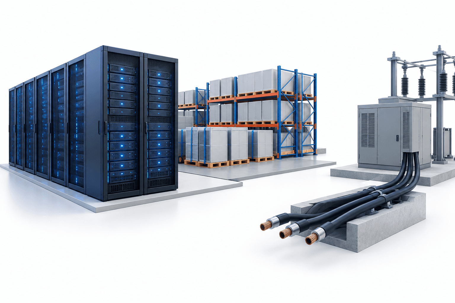 Amazon AI hardware concept illustration showing server racks awaiting a completed power connection.