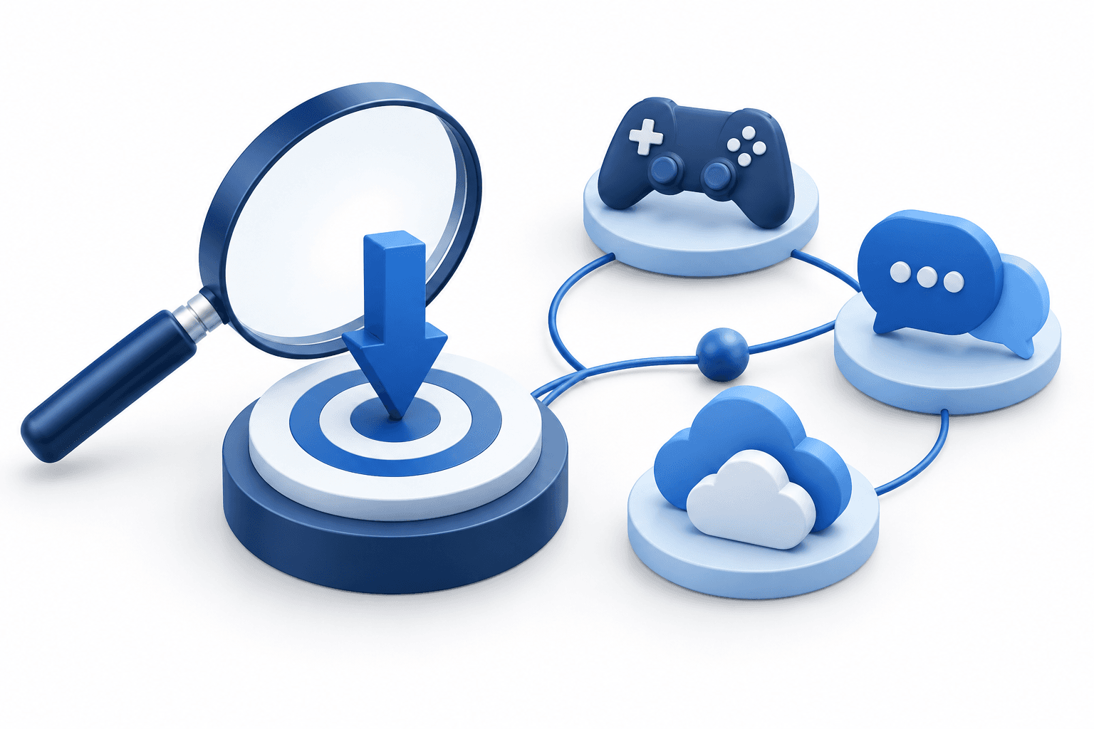 Tencent target illustration with a lowered target marker beside abstract gaming, messaging and cloud-service objects.