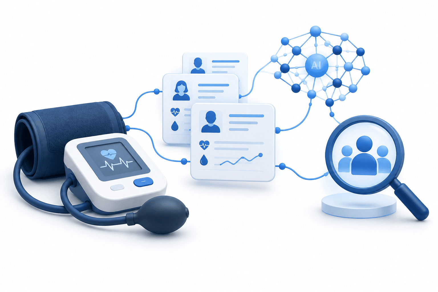 Concept illustration of the AstraZeneca partnership linking blood pressure care, clinical records and AI-assisted research screening.