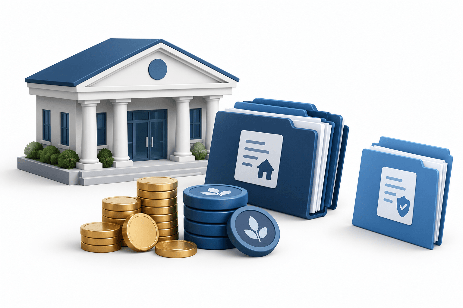 Community bank illustration with loan documents and deposit coins representing Logansport earnings.