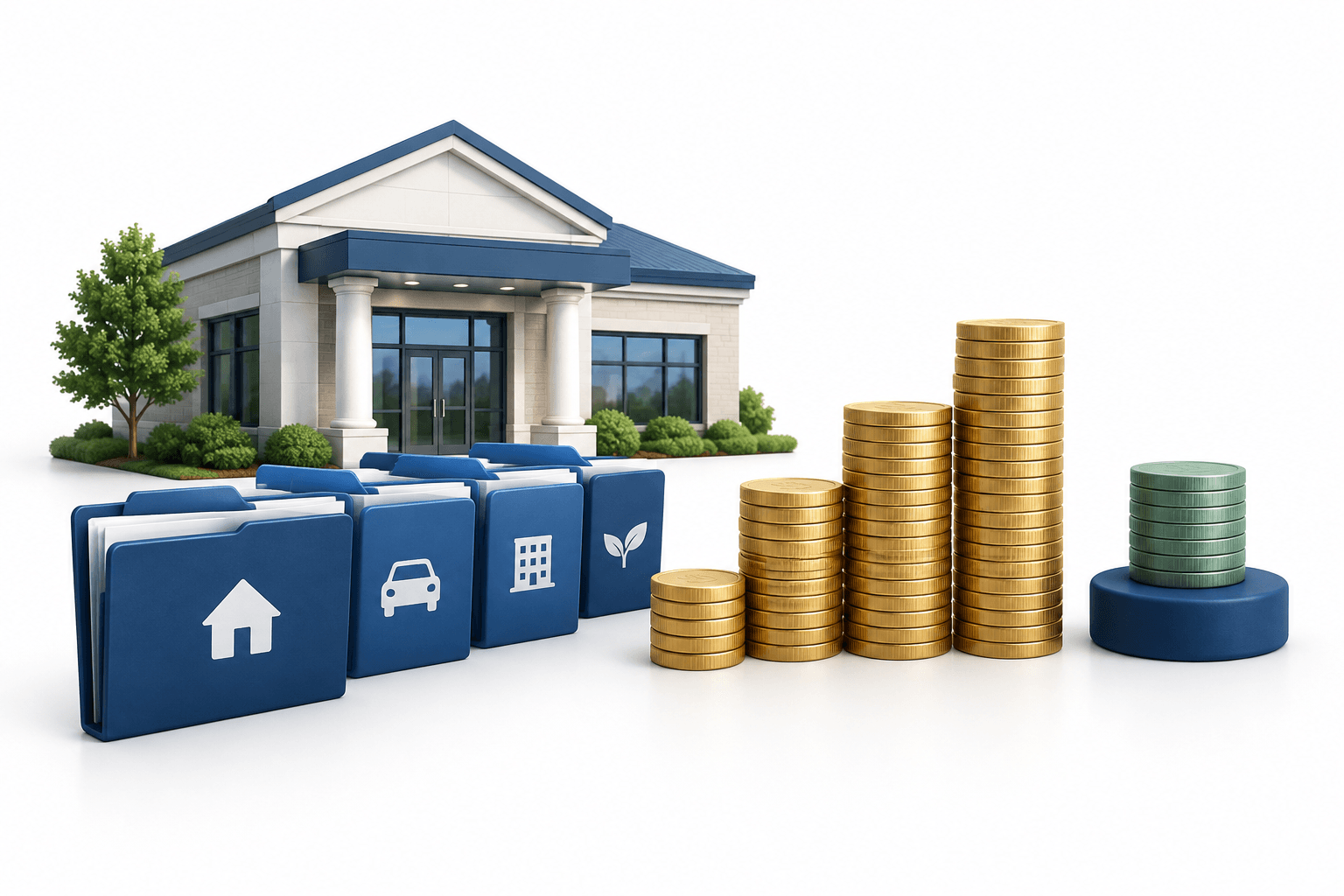 Concept illustration of a regional bank, loan folders and coin stacks representing Parke Bancorp earnings.
