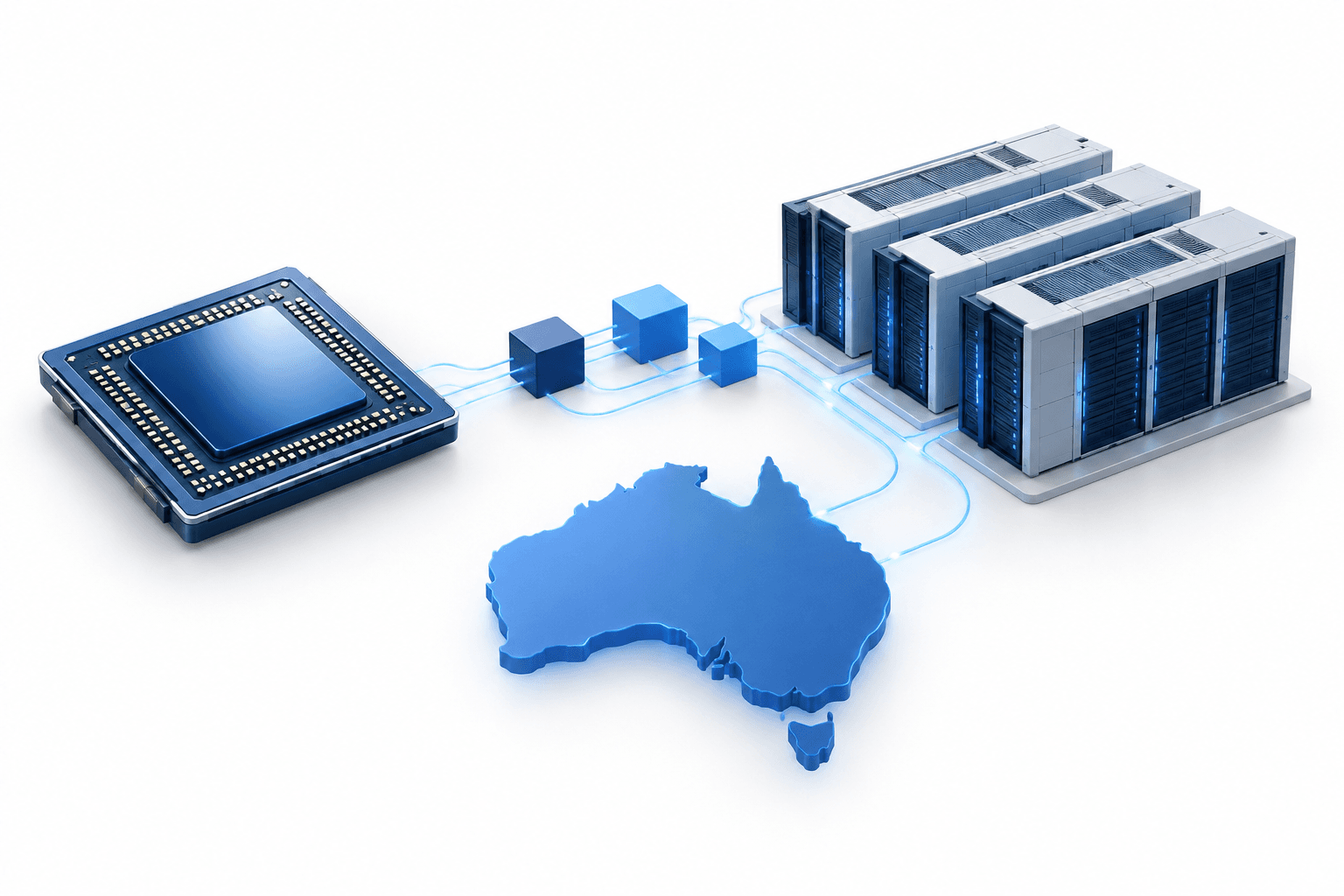 Concept illustration of NVIDIA investment in Australian AI infrastructure, with a semiconductor and modular data centers.