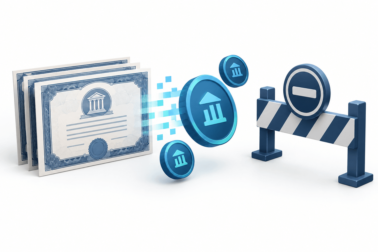 Concept illustration of OKXICE tokenized stocks facing issuer objections, with digital tokens and a barrier symbol.