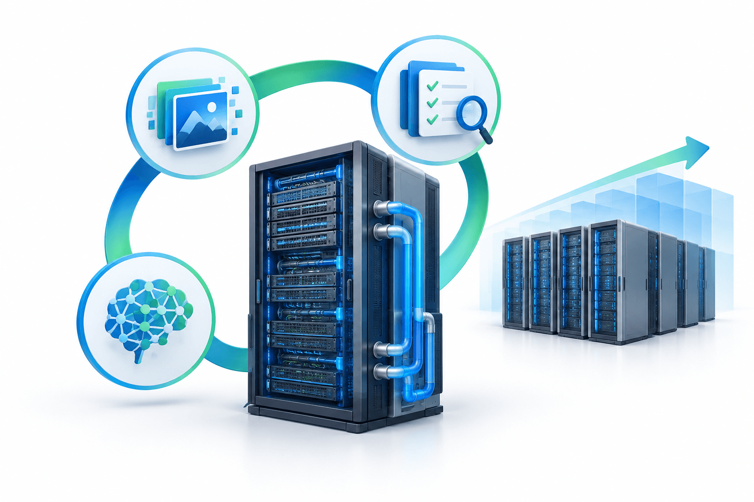 Conceptual illustration of Google Cloud A5X infrastructure supporting connected AI training and inference workloads.