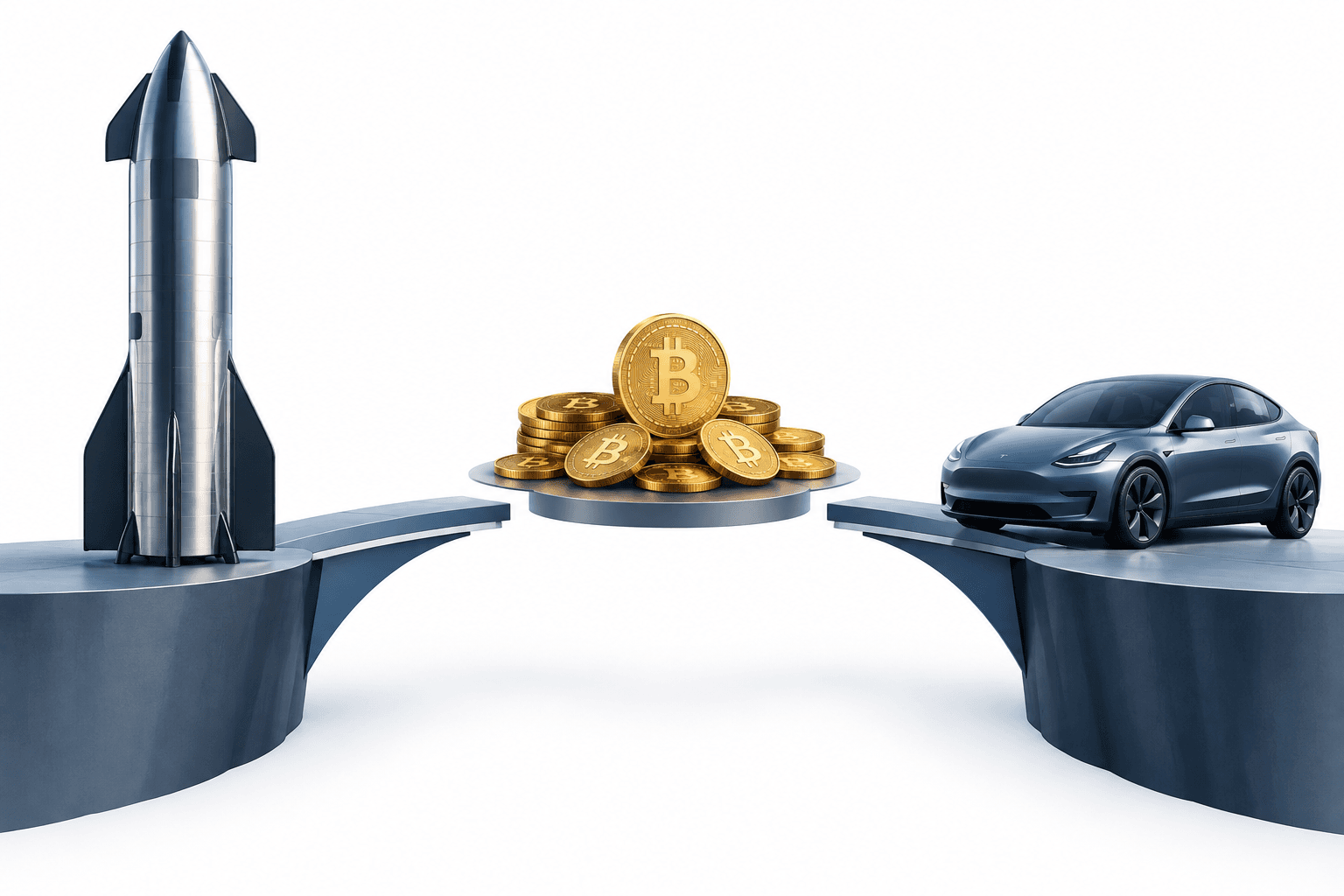 Conceptual illustration of a possible SpaceX Tesla merger connecting spacecraft and electric-vehicle forms around digital coins.