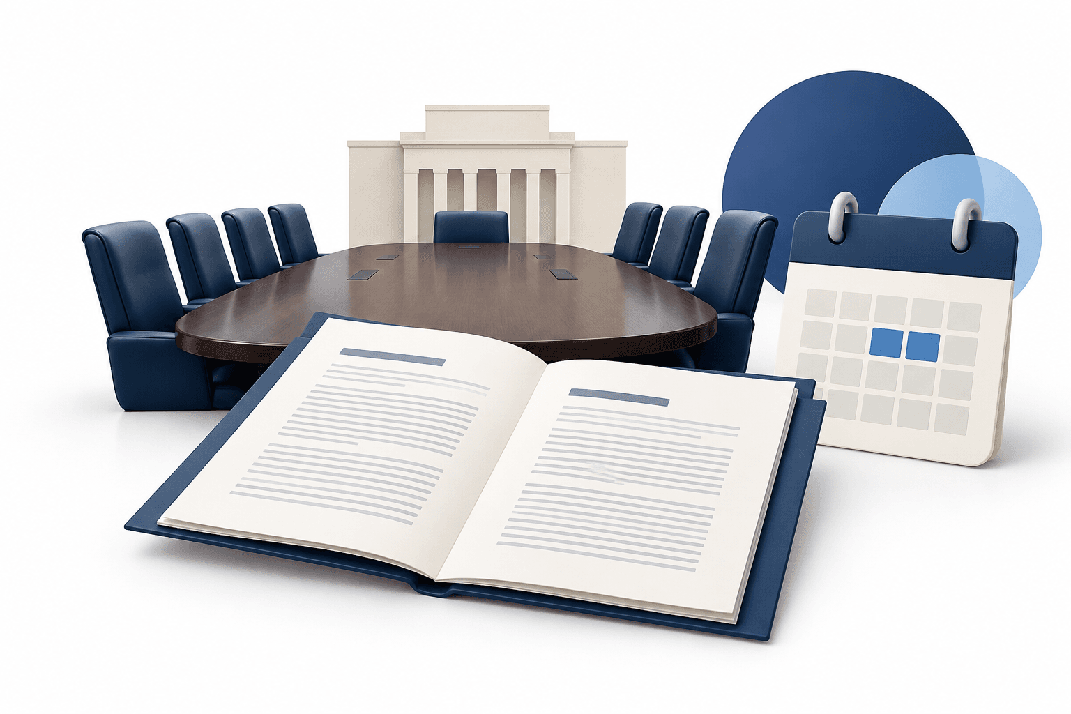 Conceptual illustration of FOMC minutes represented by an open document beside a formal meeting table.