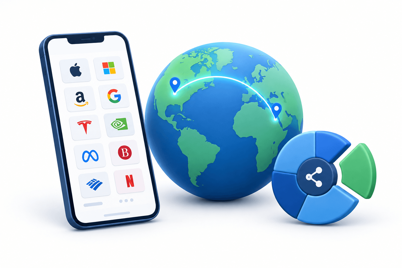 Illustration of Groww US stocks access with a smartphone, globe and fractional-share token.