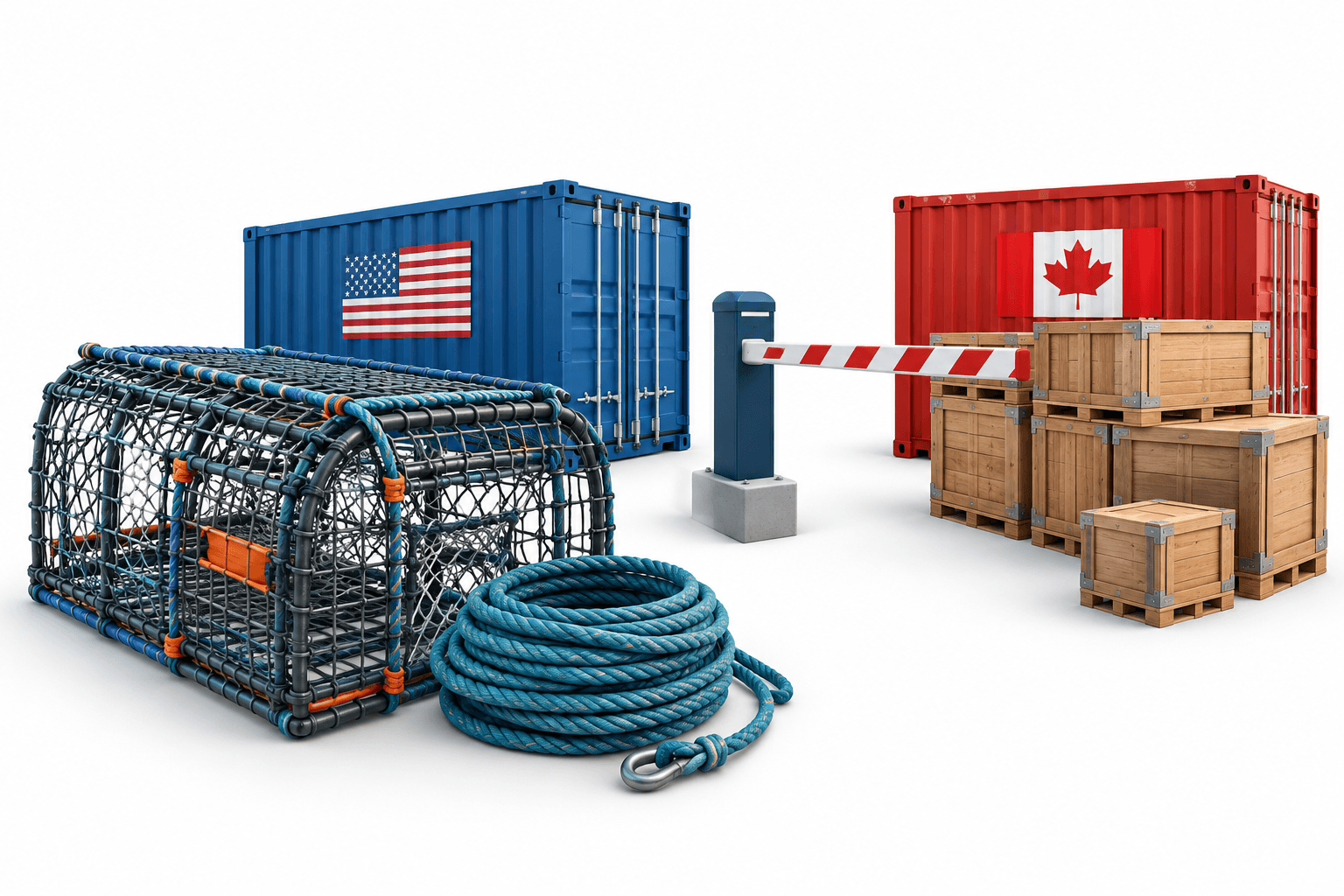 Concept illustration of lobster traps and a customs barrier representing Canada tariffs affecting Maine businesses.