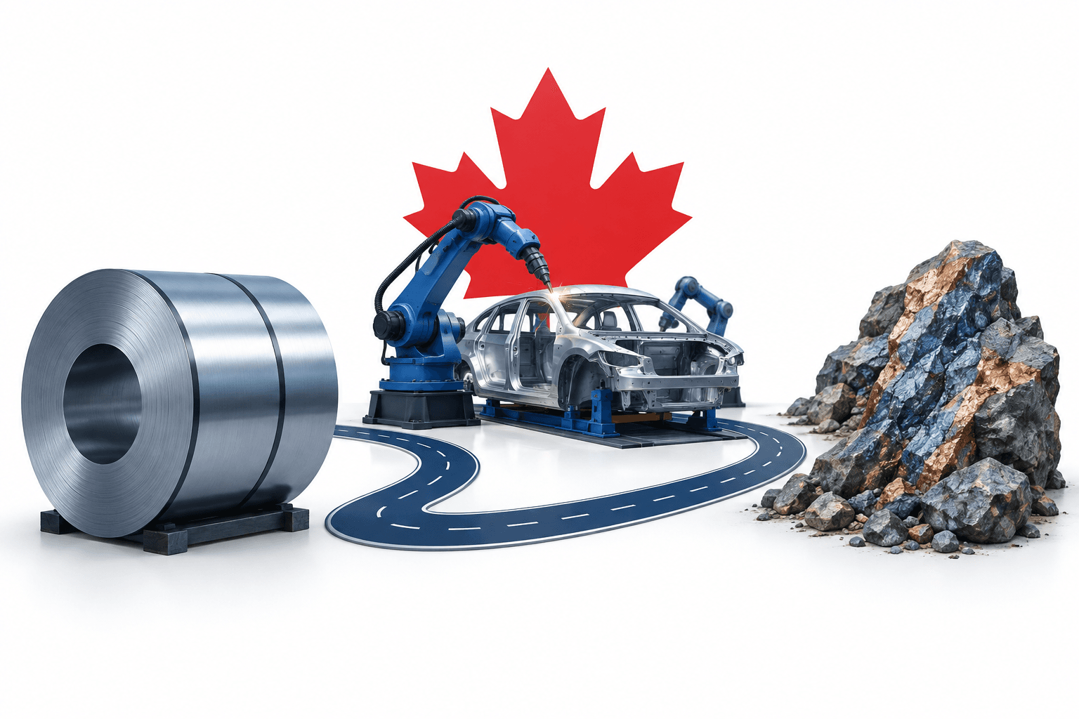 Canada tariff response illustration showing steel, automotive manufacturing and mineral infrastructure.
