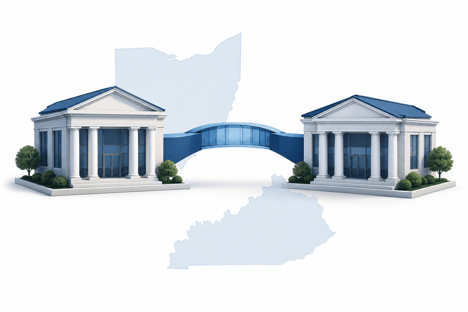 Conceptual illustration of the Peoples Bancorp merger linking banking operations in Ohio and Kentucky.