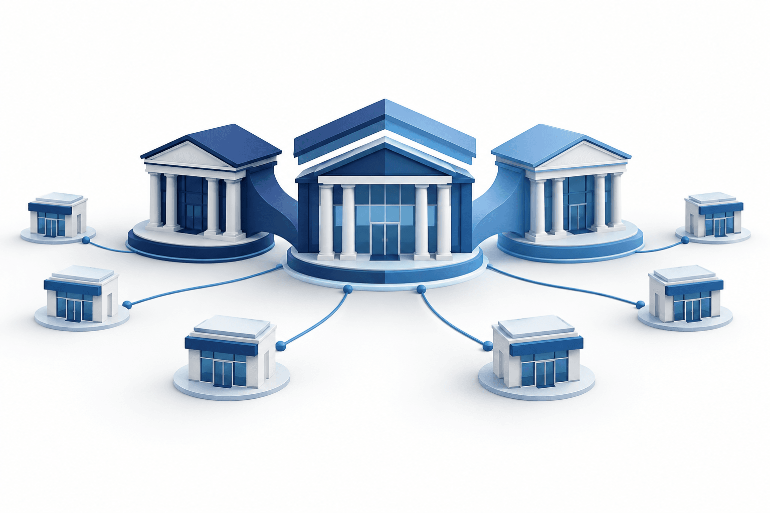 Conceptual illustration of the BancFirst merger showing two bank structures joining a branch network.