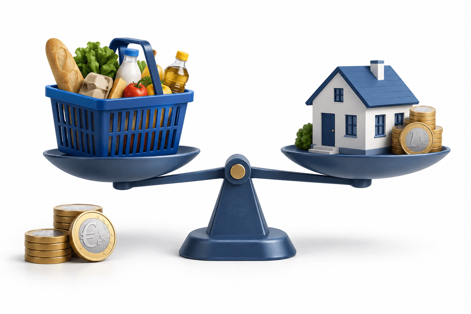 Concept illustration of a shopping basket, euro coins and a home representing ECB consumer expectations.