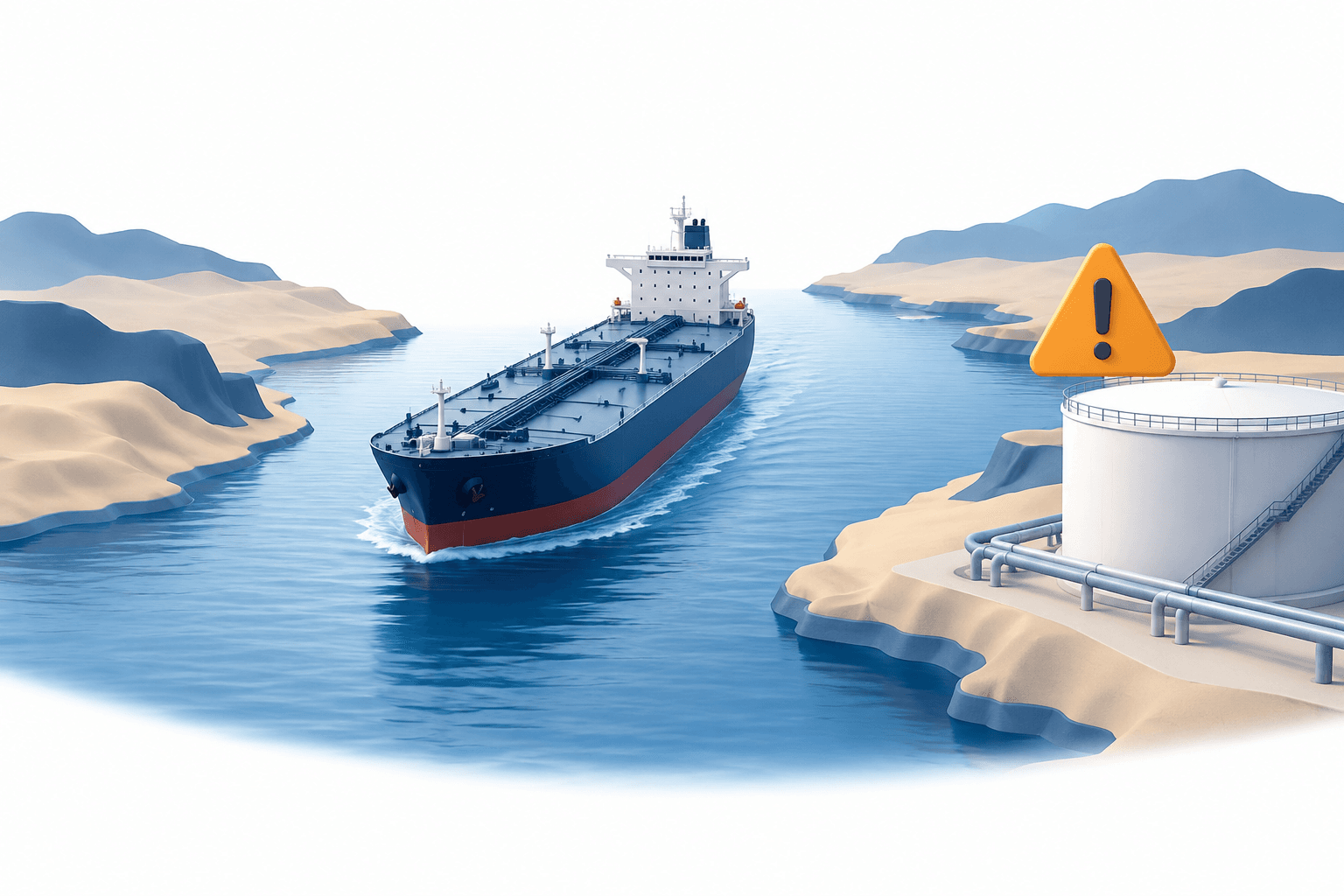 Concept illustration of an oil tanker and storage tank representing Brent crude supply concerns.