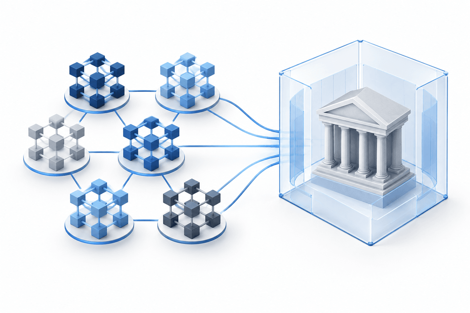 Conceptual illustration of digital commodity classification, with interconnected blockchain structures beside a regulatory boundary.