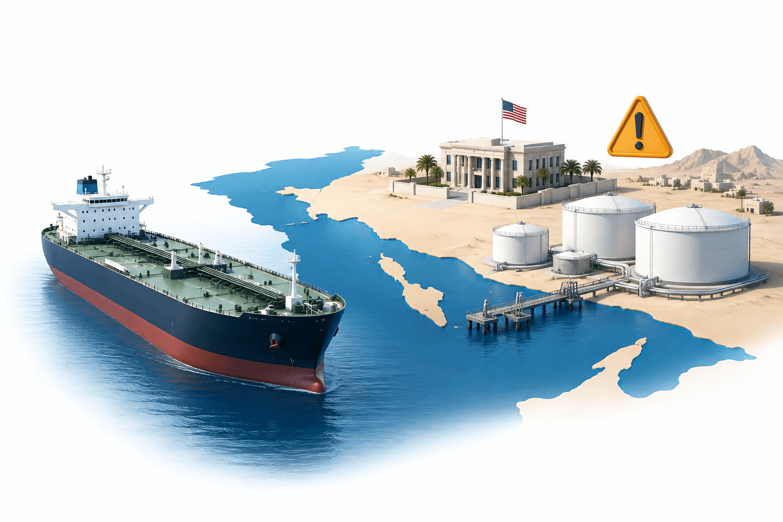 Oil prices concept illustration showing a tanker, storage tanks and regional security concerns.