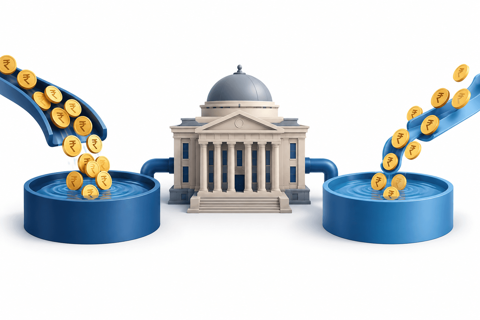 Concept illustration of RBI liquidity injection and absorption represented by opposing flows of coins beside a central bank.