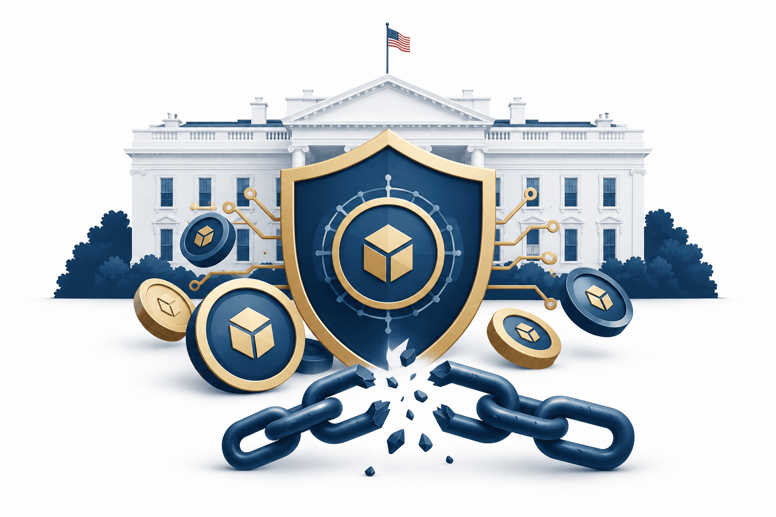 Conceptual illustration of the White House roundtable’s cybercrime theme, with digital tokens and a protective shield.