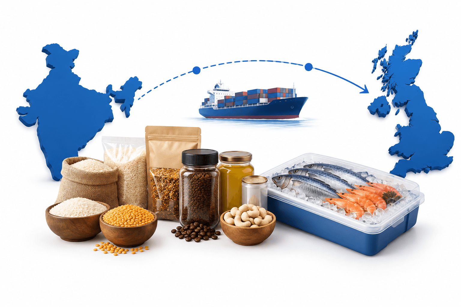 Concept illustration of India food exports connecting packaged-food producers with the UK market.
