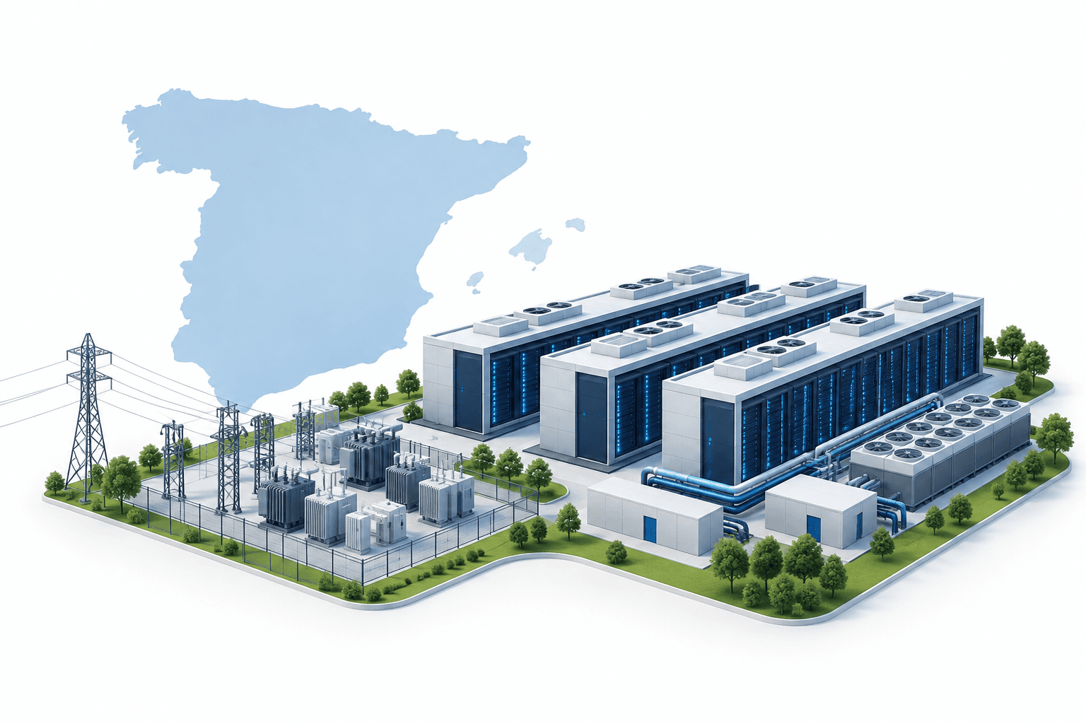 Concept illustration of IREN Europe’s planned AI data center expansion in Spain.