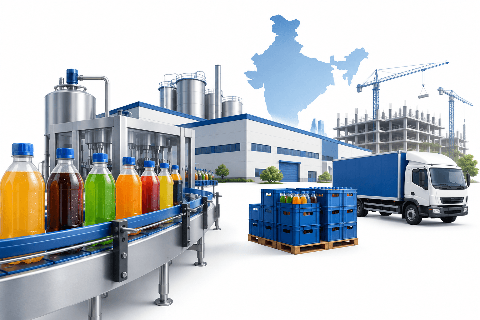 Concept illustration of SLMG Beverages bottling expansion with unbranded bottles, a factory and delivery crates.