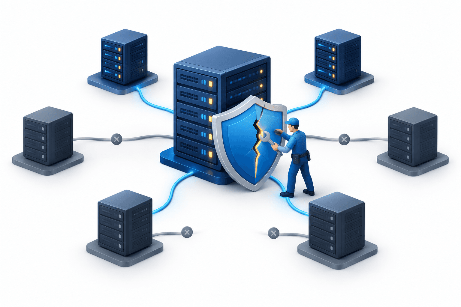 Conceptual illustration of a PHP security fix protecting connected servers while some web services are temporarily disconnected.